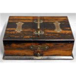A Dunhill style coromandel wood cigar & cigarette box with carry handle & vesta compartment, 10.25in