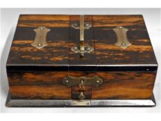 A Dunhill style coromandel wood cigar & cigarette box with carry handle & vesta compartment, 10.25in