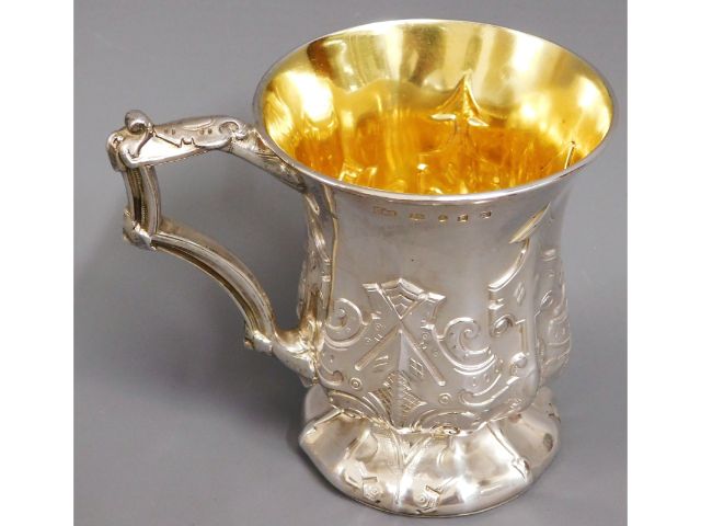 A decorative 1849 Sheffield silver christening cup with gilded interior by James Dixon & Sons, monog
