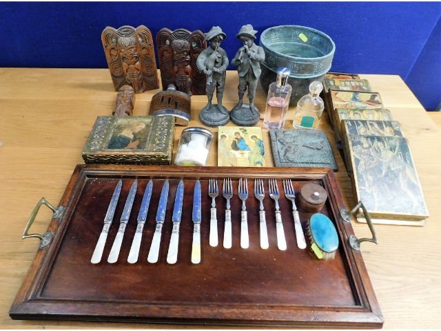 An antique mahogany tray with brass handles, sever