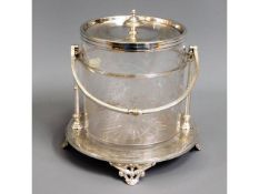 A good, late Victorian John Gilbert & Sons silver plated etched glass biscuit barrel, 7.25in tall