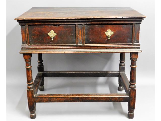 A William & Mary oak side table with two drawers &