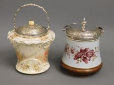 A Doulton biscuit barrel with silver plated fittin