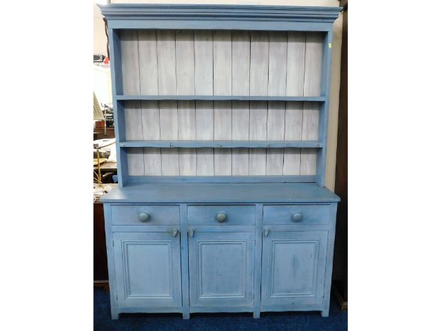 A 20thC. Farrow & Ball style painted pine dresser, indistinctly signed "Geoffrey ???" to rear, 78in