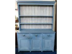 A 20thC. Farrow & Ball style painted pine dresser, indistinctly signed "Geoffrey ???" to rear, 78in