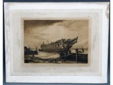 A 19thC. J. L. Probert etching of HMS Neptune, unf