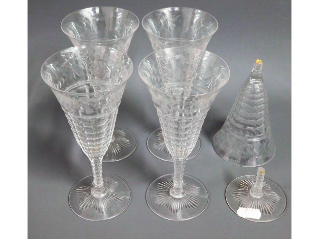 Five good 19thC. champagne glass flutes, one a/f