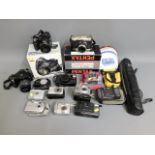 A quantity of various cameras including Nikon, Pentax, Fuji Fine Pix, Canon & other items plus a box