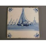 A 19thC. delft tile depicting sailboat, 5.25in squ