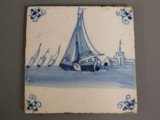 A 19thC. delft tile depicting sailboat, 5.25in squ