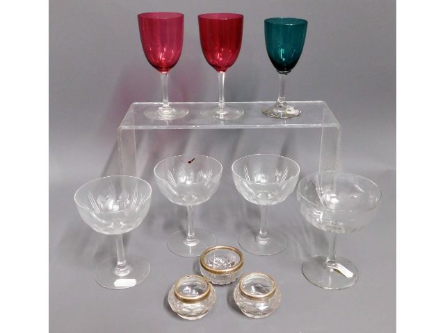 Three 19thC. coloured wine glasses, four antique c