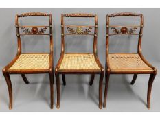 Three early 19thC. Regency period Gillows style rosewood sabre legged dining chairs with cane seats,