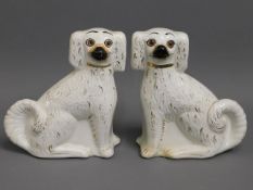 A pair of Victorian Staffordshire pottery dogs wit