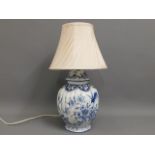 A large faience lamp with shade, 23.5in tall inc.