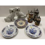A pair of Staffordshire dogs, three steins & other
