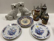 A pair of Staffordshire dogs, three steins & other