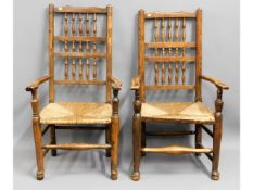 A matched set of six oak rush seated dining chairs