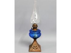 A Bristol blue style antique oil lamp, 21in tall