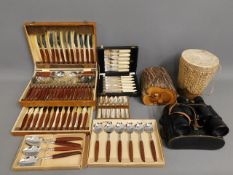 A quantity of cutlery items, an ethnic drum, a car