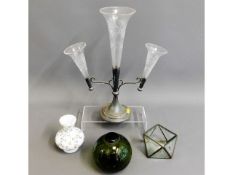 A silver plate & etch glassed epergne twinned with