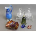 A studio glass iridescent jug, a pair of cut glass