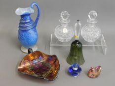 A studio glass iridescent jug, a pair of cut glass