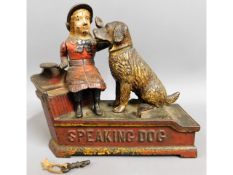 A 19thC. 1885 original cast iron 'speaking dog' no