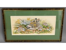 A framed watercolour of hedgehog family by Marjori