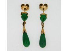 A pair of ladies jade drop earrings, test as 12ct gold, 3.3g