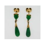 A pair of ladies jade drop earrings, test as 12ct gold, 3.3g