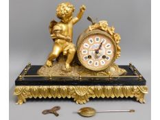 A 19thC. French figurative gilt bronze clock with Sevres style porcelain dial, 13.25in wide x 5in de