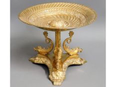 An ornate Regency style brass tazza with dolphin d