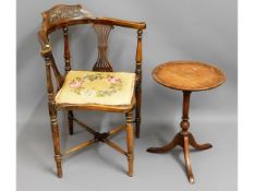 A c.1900 corner chair twinned with a small wine ta