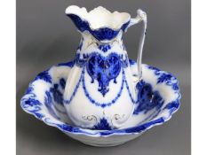 A large Victorian flow blue wash basin & jug, basi