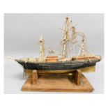 A folk art bone & wood model ship, some faults, in