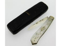 An 1852 Birmingham silver mother of pearl fruit kn