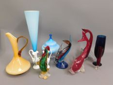 Three Murano glass fish, a Murano glass cockerel &