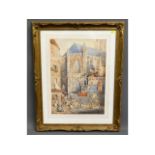 A detailed French street scene watercolour in swep