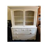 A 19thC. pitch pine painted kitchen dresser with g