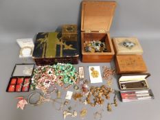 A lacquered box, costume jewellery & other boxes