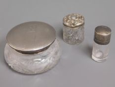 Three silver topped dressing table items, powder g