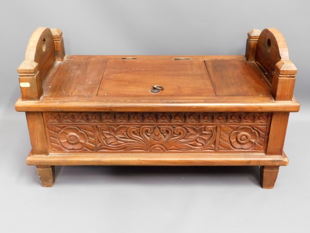 A modern ethnic style hardwood storage seat, 29in