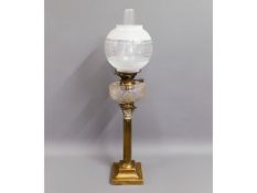 A brass Victorian oil lamp with Messenger burner,