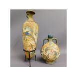 Two hand painted earthenware burial pots, possibly Greek, bottle type urn 13in long, two handled vas