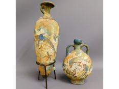 Two hand painted earthenware burial pots, possibly Greek, bottle type urn 13in long, two handled vas