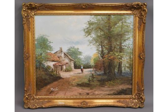 A rural landscape painting signed P. Miller set in gilt swept frame ...