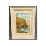 A naïve style 1930's painting depicting Clovelly harbour scene, unsigned, label to verso signed "Bro