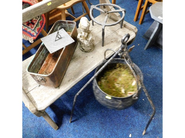An iron cauldron & stand, 32in high, twinned with