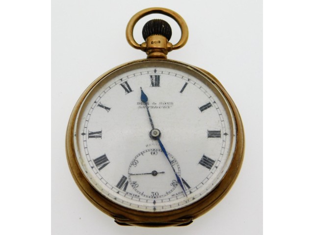 A Diss & Sons Dewsbury 9ct gold top wind antique pocket watch, rubbed monogram to verso, runs when w