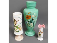 Three Victorian enamelled opaline glass vases, tal